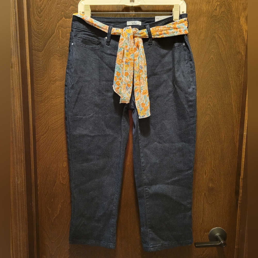 Croft & Barrow Dark Blue Capri Jeans with Floral Scarf Belt NWT